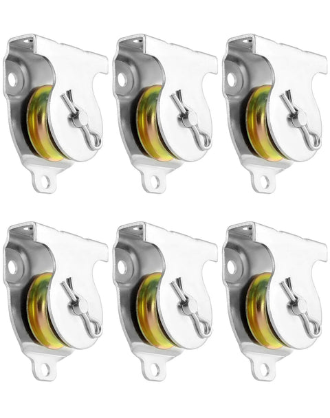 Front view of 6 pcs 1-1/2" wall mount pulleys, V-groove, 420 lbs working load, for 3/8" wire or rope, ceiling or wall mount hardware.