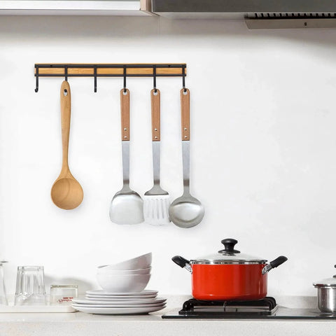 Kitchen Utensil Hanger, Wall Mout Kitchen Utensil Holder Organizer Rack with 6 Hooks, 2 Set Kitchen Wall Hooks for Hanging Utensils displayed.