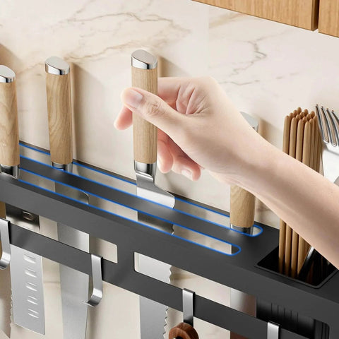 Wall Mount Utensil Rack, 15.7inch Kitchen Utensil Hanger in use holding knives and chopsticks on a wall-mounted rack