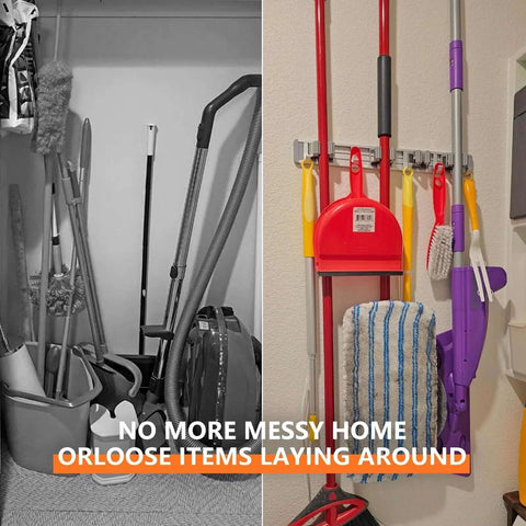Wall Mounted Broom Holder With 4 Racks And 5 Hooks organizing mops and tools in a garage storage setup
