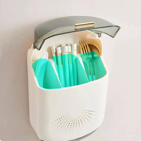 Wall Mounted Cutlery Holder - Kitchen Utensil Storage Box with Lid - Chopstick Container - Spoons and Forks in Organizer