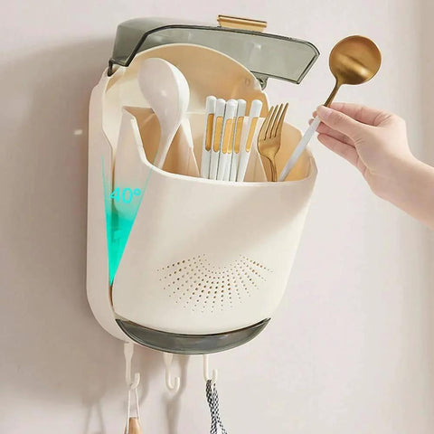 Wall Mounted Cutlery Holder - Kitchen Utensil Storage Box with Lid - Chopstick Container - Dustproof Spoon and Chopstick Organizer