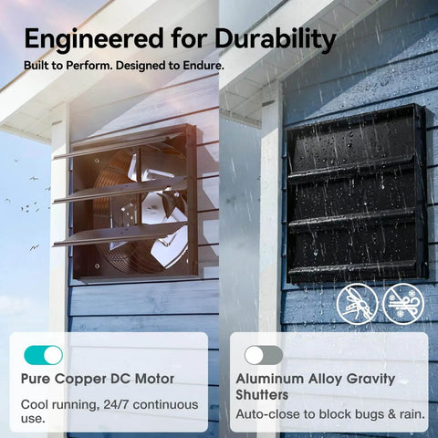 Shutter Exhaust Fan With Remote Control For Garage Shop Greenhouse Attic, 1250 CFM, wall-mounted on exterior blue siding