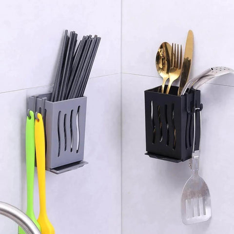 Wall-mounted Multifunctional Kitchen Utensil Rack Draining Chopstick Holder with cutlery and spatula storage box (Black).