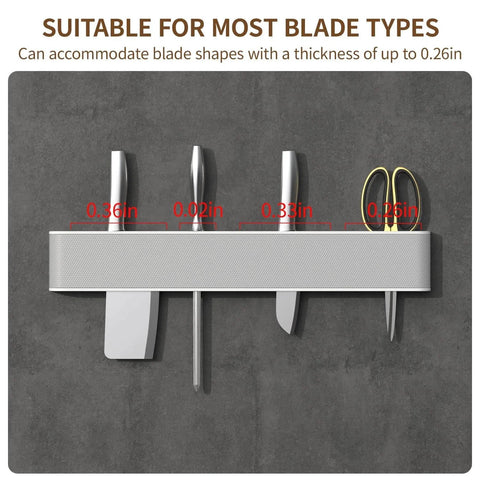 Wall-Mounted Knife Holder Organizer - No Drilling Premium Material Kitchen Storage for Utensils, Spices & Towels, Space-Saving Design for Home & Office - Black & White, displaying knives and scissors on a gray background.
