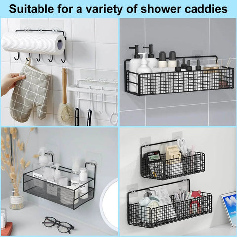 Various shower caddies displaying toiletries, paper towels, and accessories in a tiled bathroom setup for organized storage.