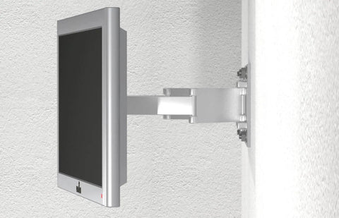 Silver monitor mounted on a wall with adjustable arm bracket, side view.