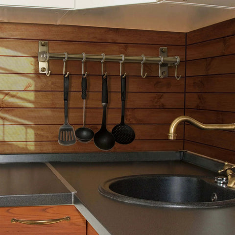 Pot Rack - Pots & Pans Hanging Rack with 8 Hooks, Double Bars, Wall Mounted, Bronze, Pack of 2 installed in kitchen