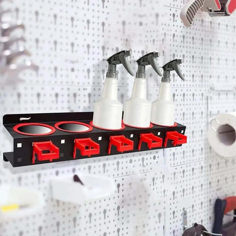 Wall Mounted Spray Bottle Rack With Five Hooks Heavy Duty Cold Rolled Steel Organizer holding bottles in garage