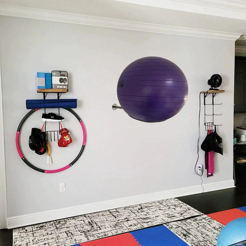 Wall Mounted Stainless Steel Exercise Ball Holder and Storage Rack for Yoga and Stability Balls Fits 13 to 34 Inch Balls displayed