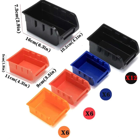 Color coded bins for wall mounted storage rack, featuring large black bins and red, orange, blue bins with sizes in centimeters.