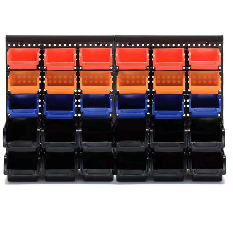 Wall Mounted Storage Bins Rack for Garage and Workshop With 30 Red Orange Blue Small Bins and Large Black Bins on Black Panels.