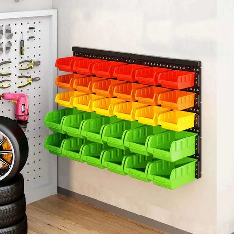 Wall Mounted Storage Bins Rack With Four Color Bins For Garage And Workshop Organization 25.2 By 16.2 Inches Plastic Bin Organizer