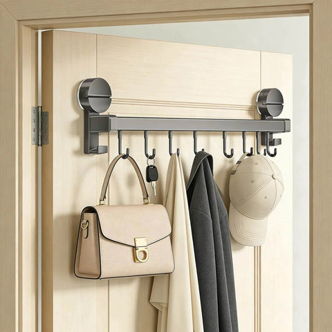 Wall Mounted Utensil Hook Rack with 8 Hooks, No Drill Installation, Space Gray Finish, holding bag, coat, and cap on door