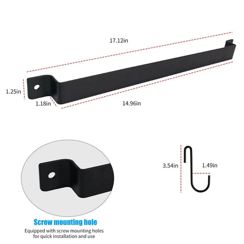 Dimensions and design details of Wrought Iron Kitchen Holder: 10-Hook Wall-Mounted Utensil Rack with Black Finish - Ideal for Pots, Pans, Coffee Mugs.