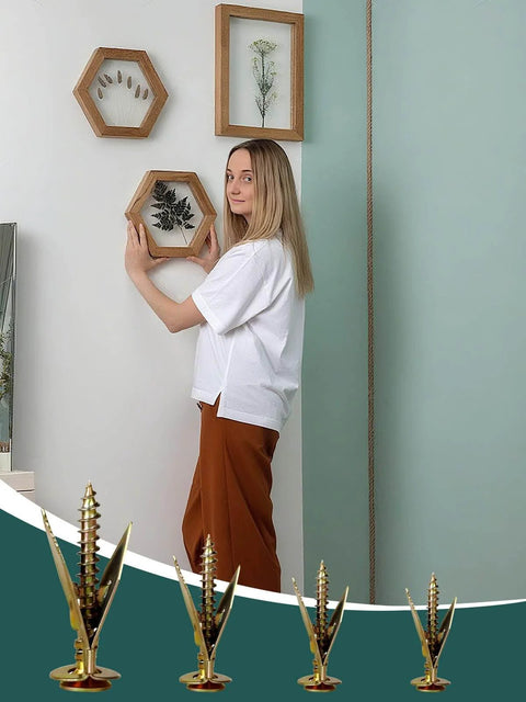 Woman mounting shelves using 100 pcs self drilling drywall anchors and screws kit with 50 sheetrock anchors and 50 zinc expansion screws.