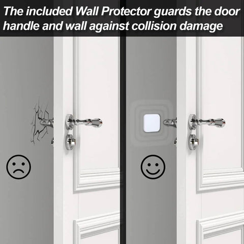 Wall protector preventing door handle damage, showing before and after with cracked wall and smiling face icon.