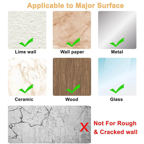 Door Stopper Wall Protector Set applicable surfaces including lime wall, wallpaper, metal, ceramic, wood, and glass; not for cracked walls.