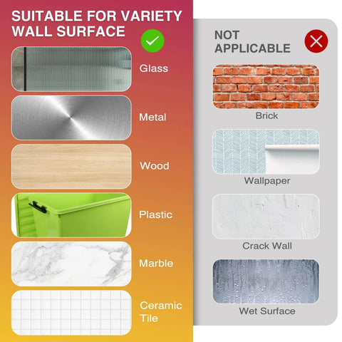 Chart showing suitable wall surfaces for Heavy Duty Double Sided Hook And Loop Tape, including glass, metal, and not applicable surfaces like brick.