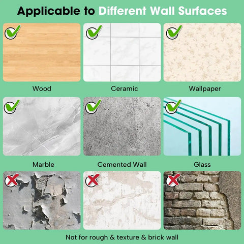 Image showing applicable wall surfaces for self adhesive door stopper set cushions impact, including wood, ceramic, wallpaper, marble, cement, and glass, not suitable for rough or textured walls.
