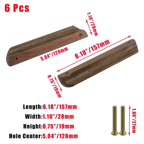 Walnut Wood Drawer Pulls Set Of 6 Solid Wood Furniture Handles With 5.04 Inch Hole Centers 128mm And 6.18 Inch Length 157mm