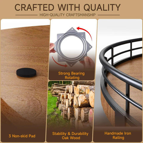 Round 21 Inch Walnut Wooden Lazy Susan Turntable Organizer For Cabinets Dining Table with strong bearings and iron railing