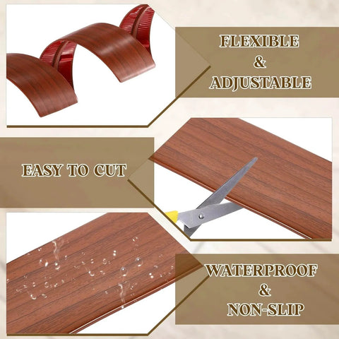 T-Molding Transition Strips, 9.84 ft x 1.97" (L x W) PVC floor divider strip, showing flexibility, easy cutting, waterproof features, walnut color.