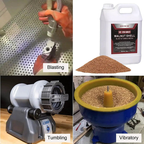 All Natural Walnut Shell Grit 12/20, 5 lb pack for tumbling, blasting, and vibratory finishing displayed alongside equipment.