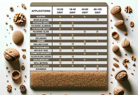 12-20 Grit Ground Walnut Shell Media for gentle blasting and polishing, 5 Lbs, silica-free 0.85-1.70 mm grit chart overview.