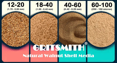 Various grits of natural walnut shell media including 12-20 grit ground walnut shell media for gentle blasting and polishing.