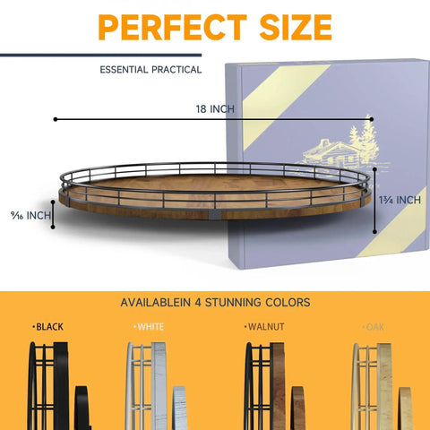 Dimensions and color options for the Walnut Wood 18 Inch Lazy Susan Turntable Organizer for Cabinet and Countertop.