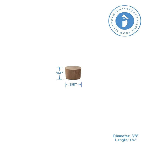 Walnut Three Eighth Inch Flat Head Wood Plugs For Furniture Pack Of 25 Conceal Screw Holes With Flush Finish No Hassle Install Durable Wooden Plugs By Woodpeckers Set, showing a single plug with dimensions.