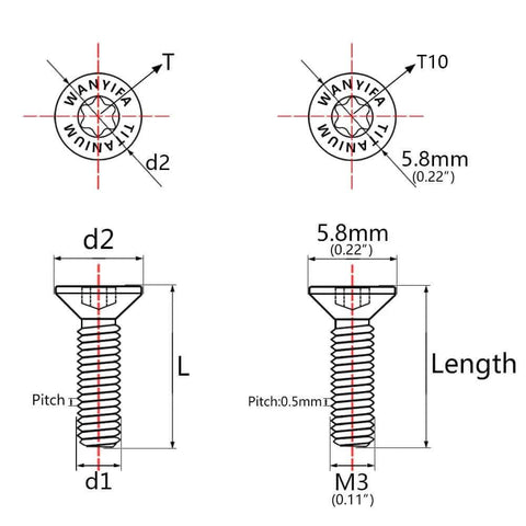 Technical diagram of ✝️ Wanyifa 10pcs Countersunk Head Torx T10 M3 6 8 10 12 15 18 20mm Titanium Bolt Flat Head Screws (Burnt Blue, M3x6mm).