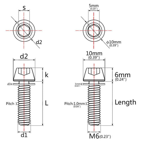 Technical diagram of Wanyifa Titanium M6x16 18 20 25mm Hex Tapered Head for Bicycle Crank Brake Fixed Upgrade Screw dimensions and measurements.