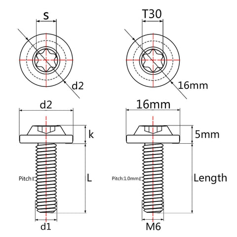 Technical diagram of ✝️ Wanyifa Titanium Bolt M6 10 15 20 25mm Torx T30 Screws for Bicycle Motorcycle Car Pack of 4 (M6x15mm, Brunt Blue).