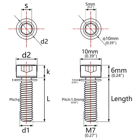 Technical diagram of ✝️ Wanyifa Titanium Ti Bolt M7 x 20mm Allen Head with Washers Bike Scewrs Pack of 4, showing dimensions.