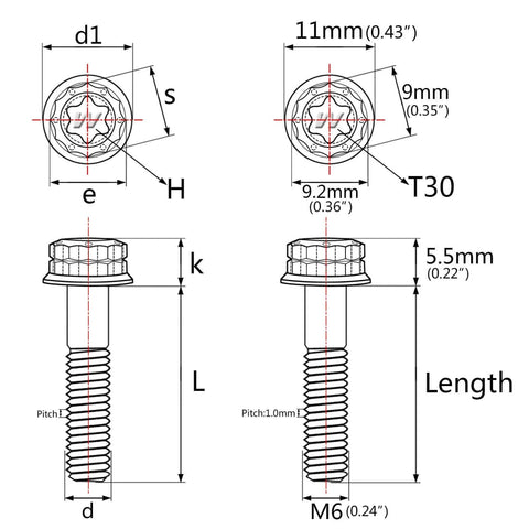 Technical drawing of ✝️ Wanyifa Titanium Flange 12 Point M6 x10 15 20 25 30 35 40 45 50mm Screw Bolt Pack of 4 (M6x30mm, Burning Blue)