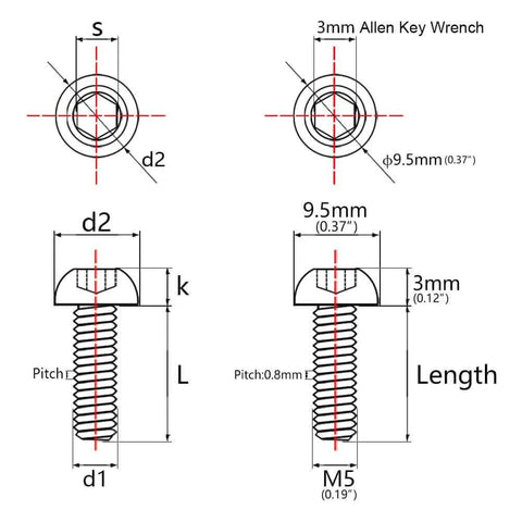 Technical drawing of ✝️ Wanyifa Titanium Ti Water Bottle Cage M5x8 10 12 15mm Bolt Button Head Allen Key Screws, dimensions shown.