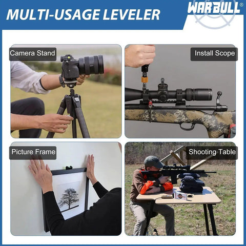 Universal Scope Leveling Kit With Magnetic Base in use for camera stand, scope install, picture frame, and shooting table setup.