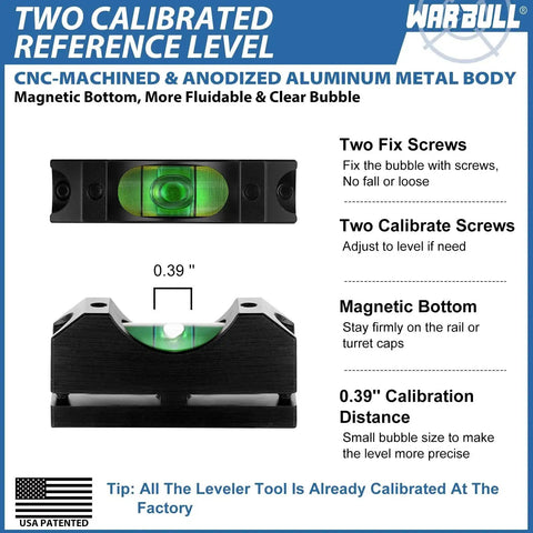 Diagram of WarBull Universal Scope Leveling Kit, featuring CNC-machined aluminum, magnetic base, and calibrated reference levels.