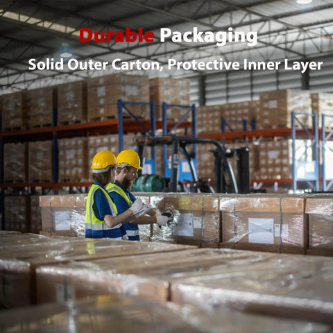 Two workers in warehouse inspecting cartons labeled Durable Packaging with forklift in background