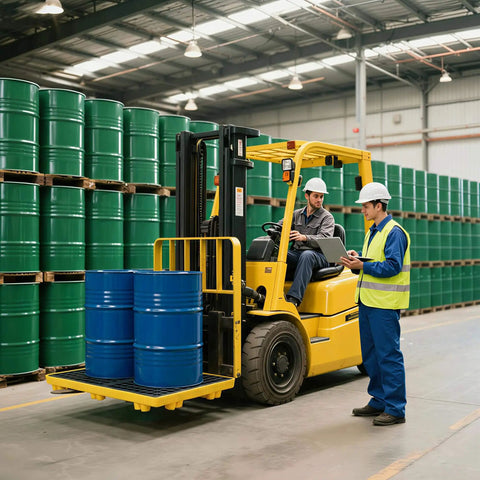 Warehouse with forklift moving oil drums; focus on 2 Drum Modular Spill Containment Pallet With 2000 Lbs Capacity, Leakproof Stackable Industrial Tray, UV Stabilized Polyethylene, Heavy Duty Chemical Resistant For Oil And Solvent Safe Indoor Outdoor Use, 4 Inch Deep Walls, OSHA EPA Spill Control Ready