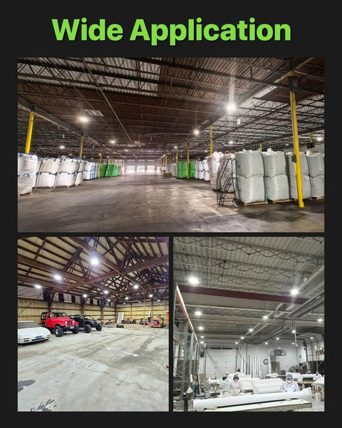 200W UFO LED High Bay Light 6 Pack Beast Bright 30,000 Lumens installed in warehouse, factory, and garage environments