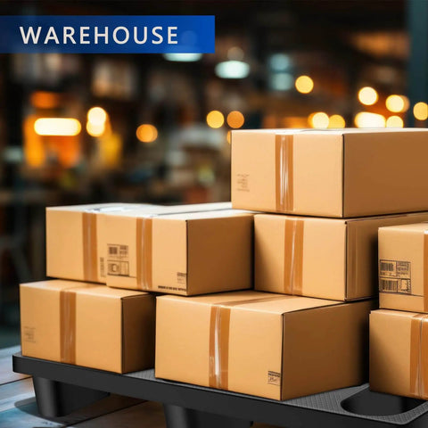 Heavy Duty Plastic Pallets For Basement Storage Waterproof HDPE Grids Lightweight Floor Pallets 25 By 28.7 By 5.7 Inches Built Tough For Garage Supermarket Basement Racks 2 Pack shown in a warehouse with stacked boxes.