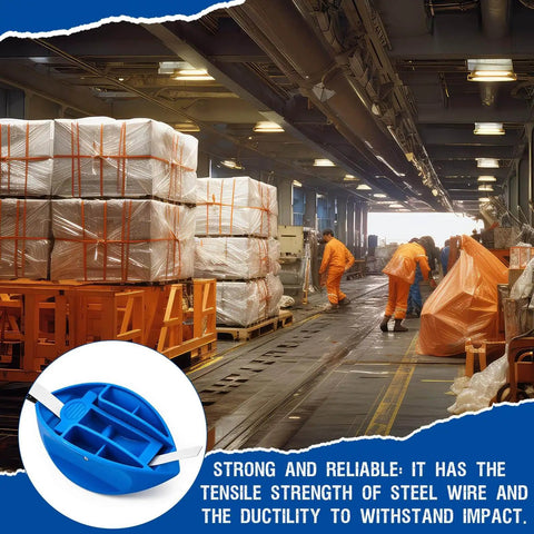 Warehouse with workers using 74 Inch Flexible Pallet Strap Feeder For Half To Three Quarter Inch Polyethylene Strapping With Stick Guide Through Pallets.