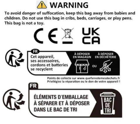 Solary smoke machine for car packaging label with CE/UKCA marks, warning icons, and French disposal instructions