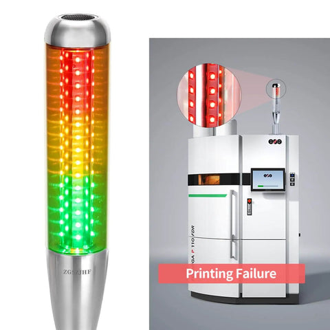 Industrial Warning Light Tower 24V DC With All Metal Aluminum Body And Bulletproof PC Cover 3 Color Red Yellow Green Tower Signal Indicator Lamp Continuous Light With Buzzer Built Tough For Harsh Environments in use on industrial machine showing a printing failure alert.