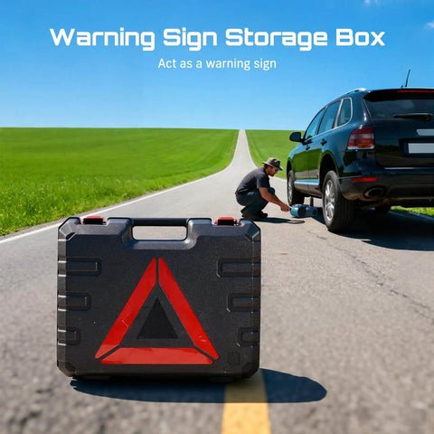 Warning Sign Storage Box with triangle symbol on road and man changing tire beside SUV