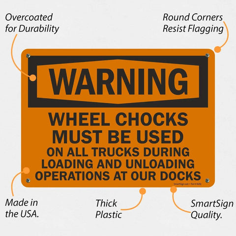 Warning Sign Wheel Chocks Required On All Trucks During Loading And Unloading At Our Docks Stay Safe 10 X 14 Inch Plastic Sign Durable HDPE Recyclable Base With Rounded Corners SmartSign displayed with annotations for durability and quality features.