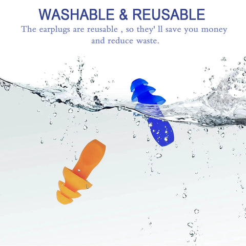 Washable reusable earplugs in water showing Noise Reduction Earplugs For Sleeping NRR 32 Reusable Soft Silicone Ear Plugs With Nylon Cord.
